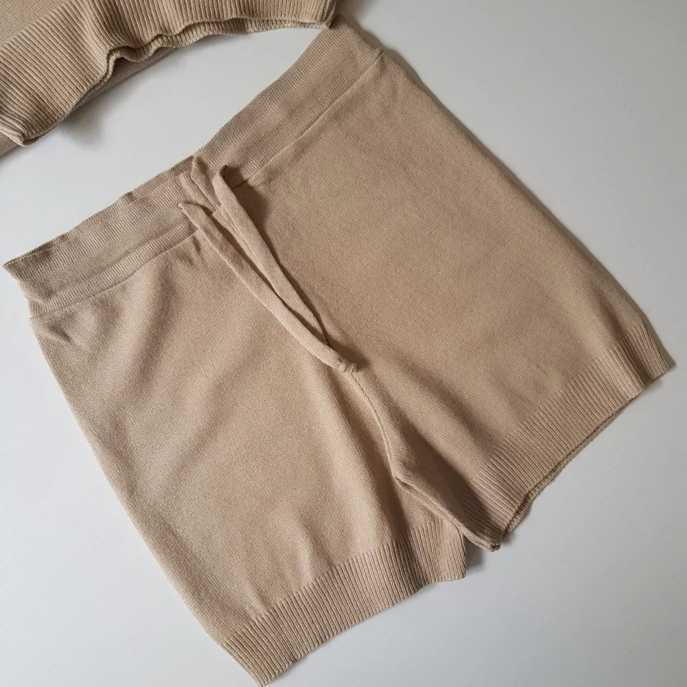 Beige Knit Short And Tee Set Soft Stretch Shorts And T-shirt Coordinates - Picture 15 of 15